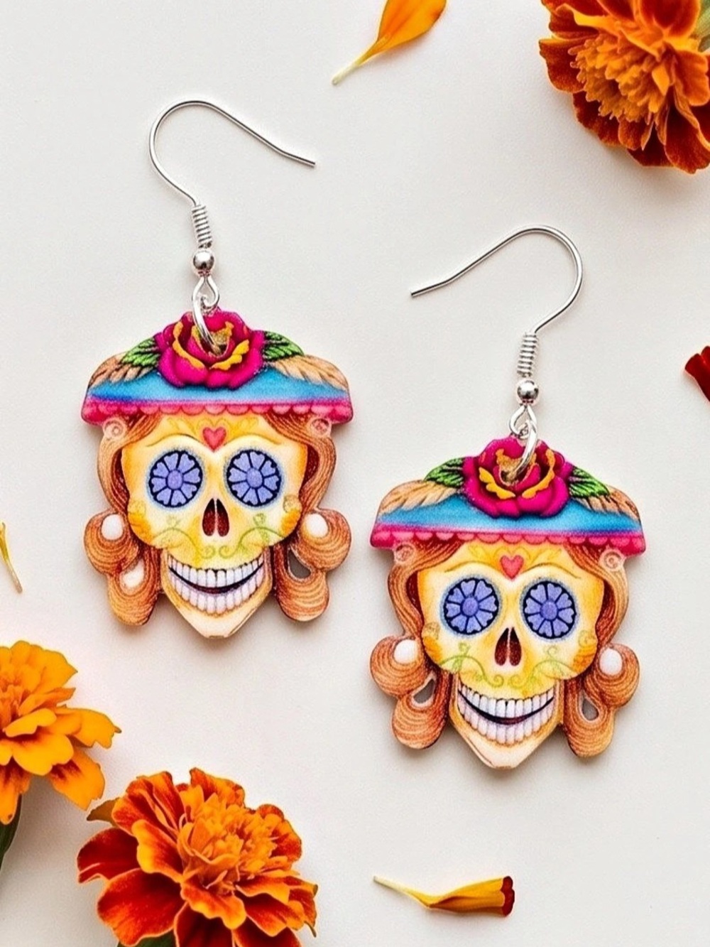 New Sugar Skull Earrings Colorful Multicolor & Pink